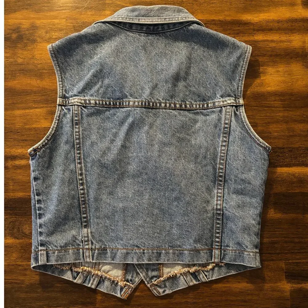 Bongo Women’s Large Denim Vest Vintage Button Front Blue Jean Crop 100% Cotton